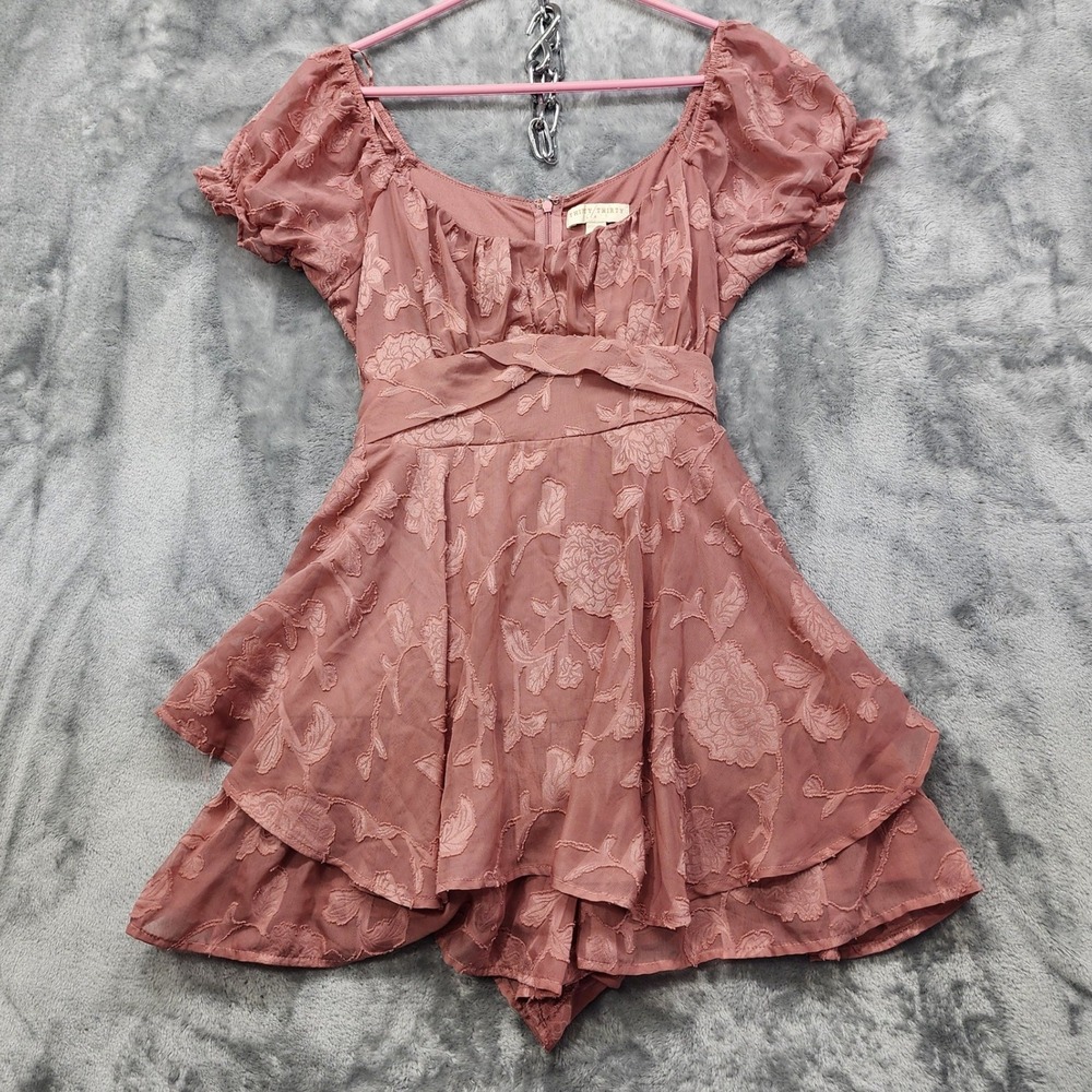 THIRTY THIRTY Romper Womens L Pink‎ Floral Jacquard Puff Sleeve Ruffle Princess
